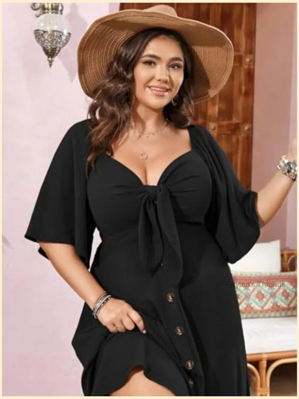 Plus Size Smocked Button Down Midi A-Line Dress with Bow Tie V Neck - Picture 2 of 7